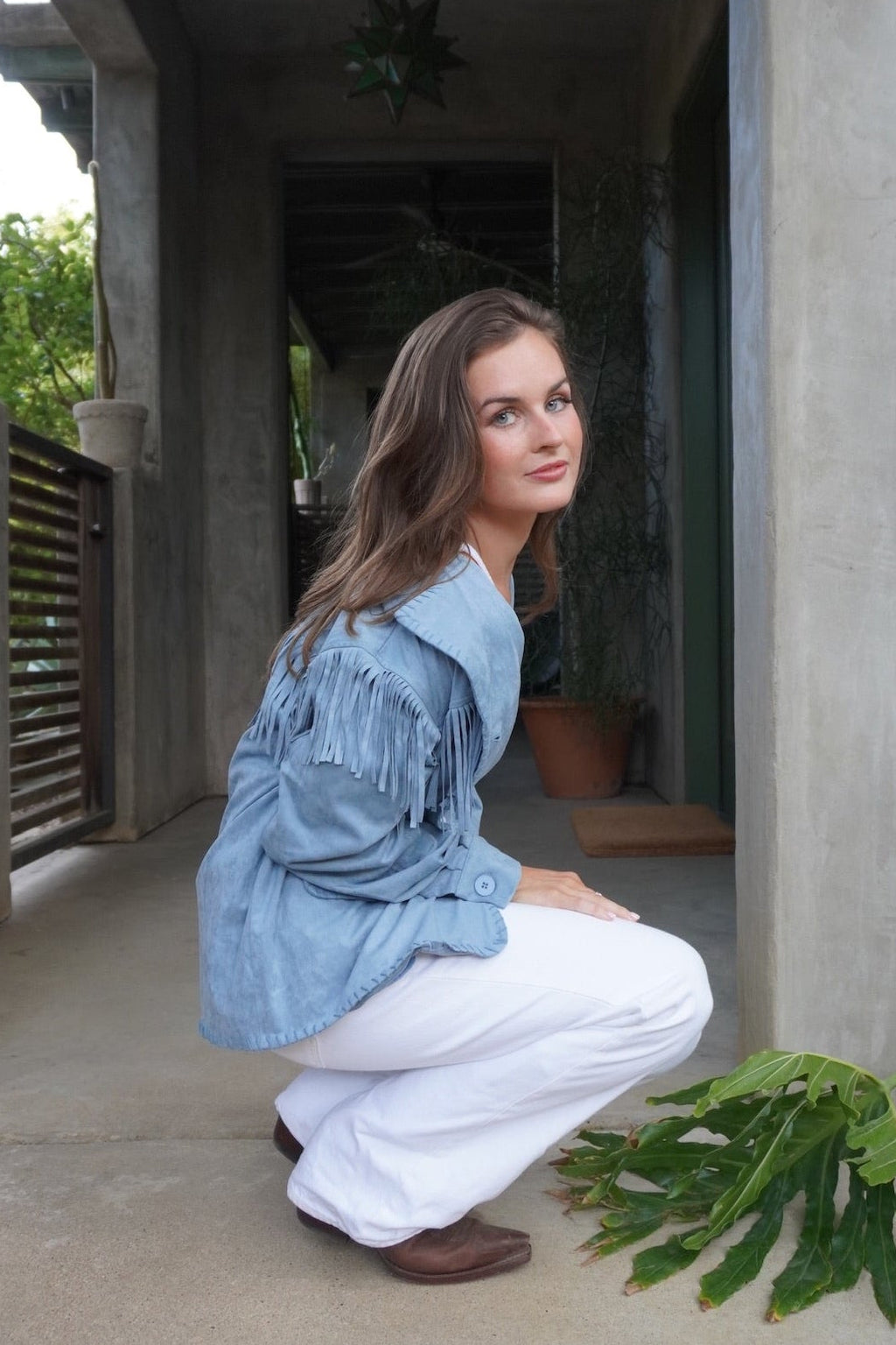 Blue Suede Fringe Button Front Jacket