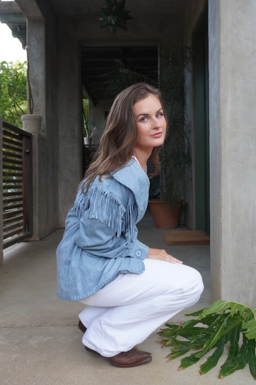 Blue Suede Fringe Button Front Jacket