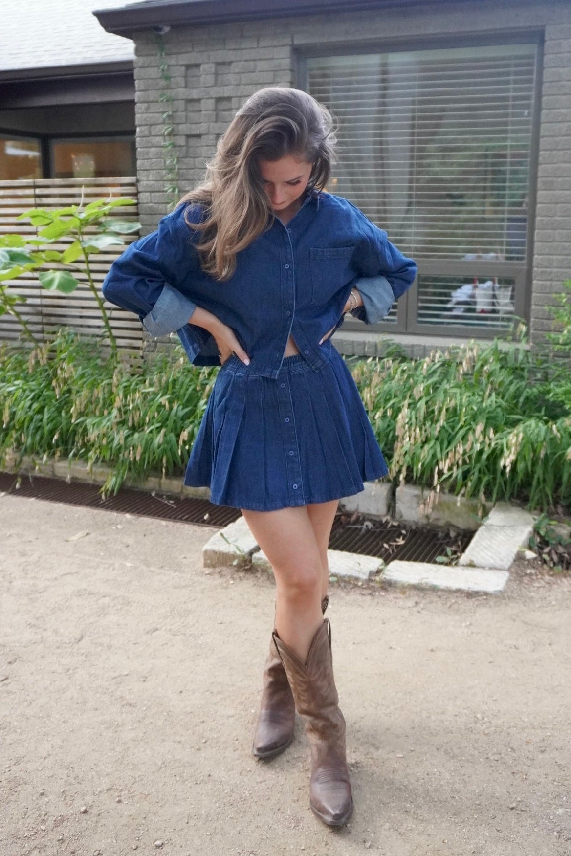 Dark Wash Denim Cropped Shirt & Skort Set
