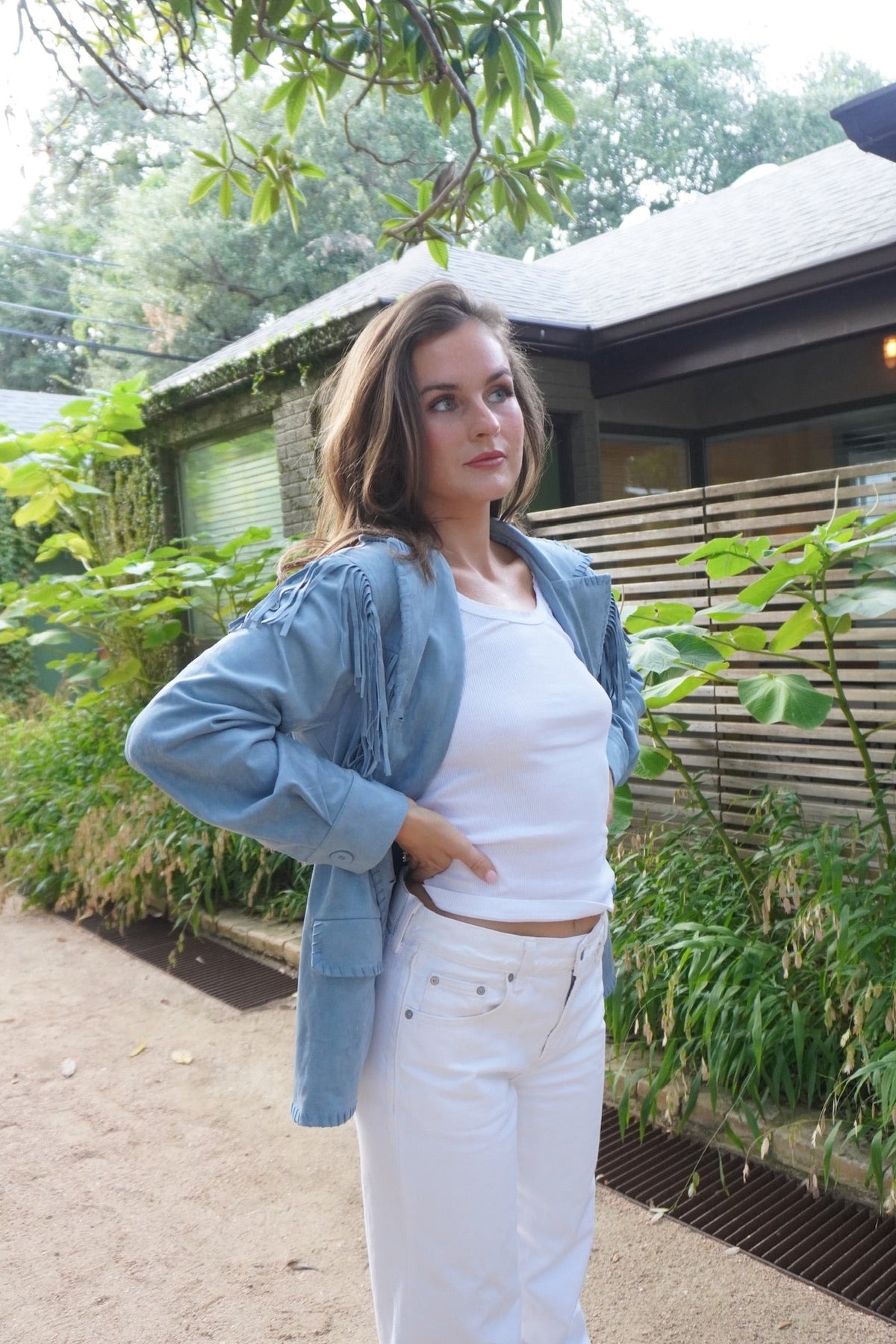 Blue Suede Fringe Button Front Jacket
