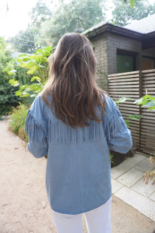 Blue Suede Fringe Button Front Jacket