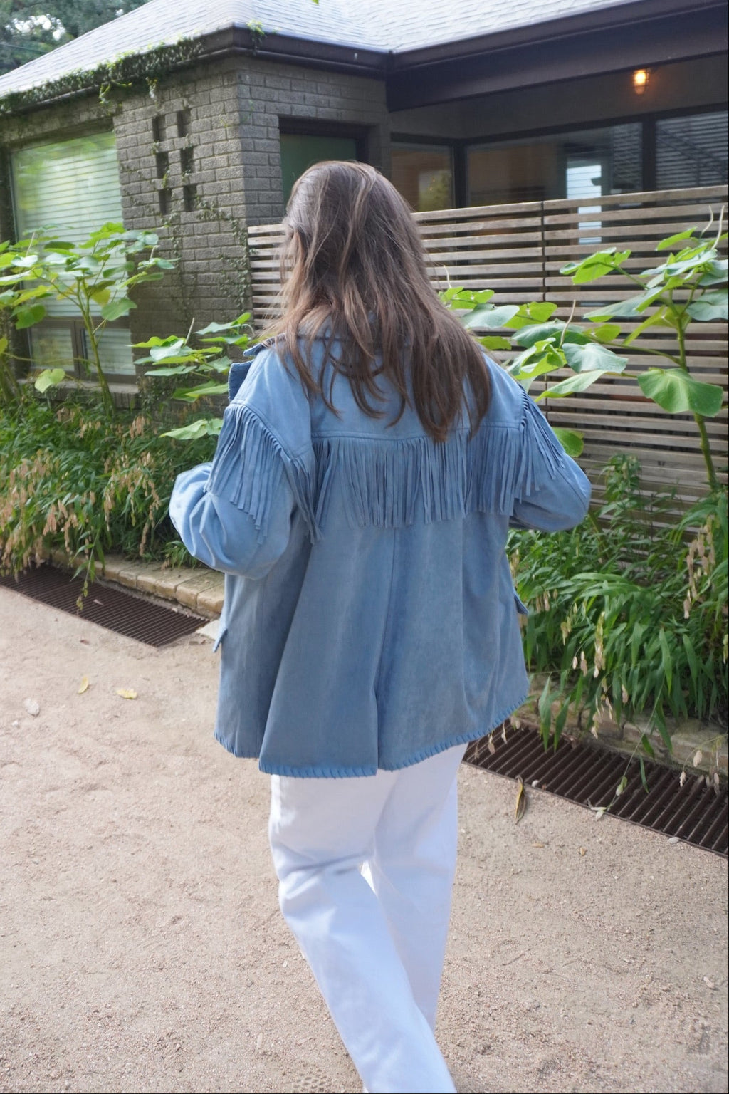 Blue Suede Fringe Button Front Jacket