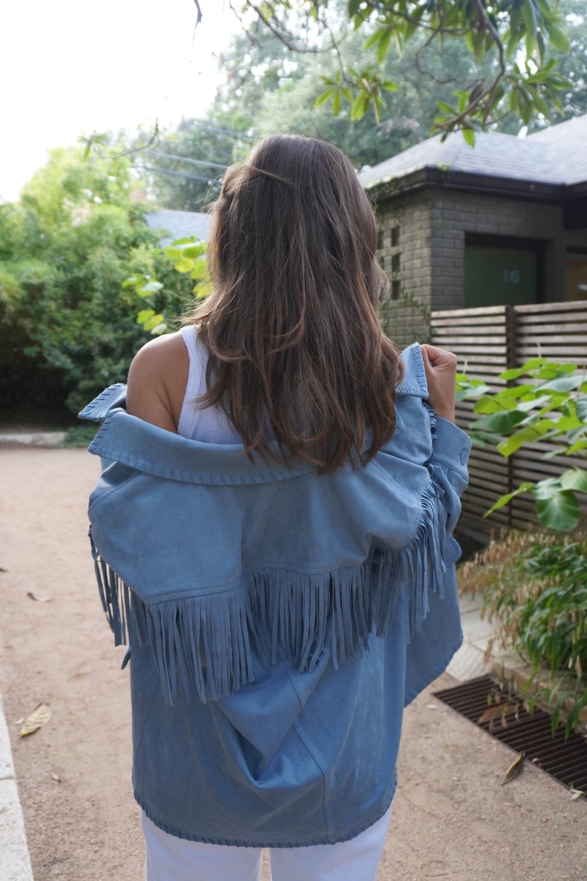 Blue Suede Fringe Button Front Jacket