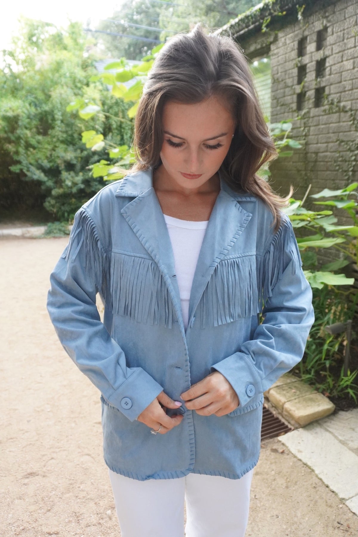 Blue Suede Fringe Button Front Jacket