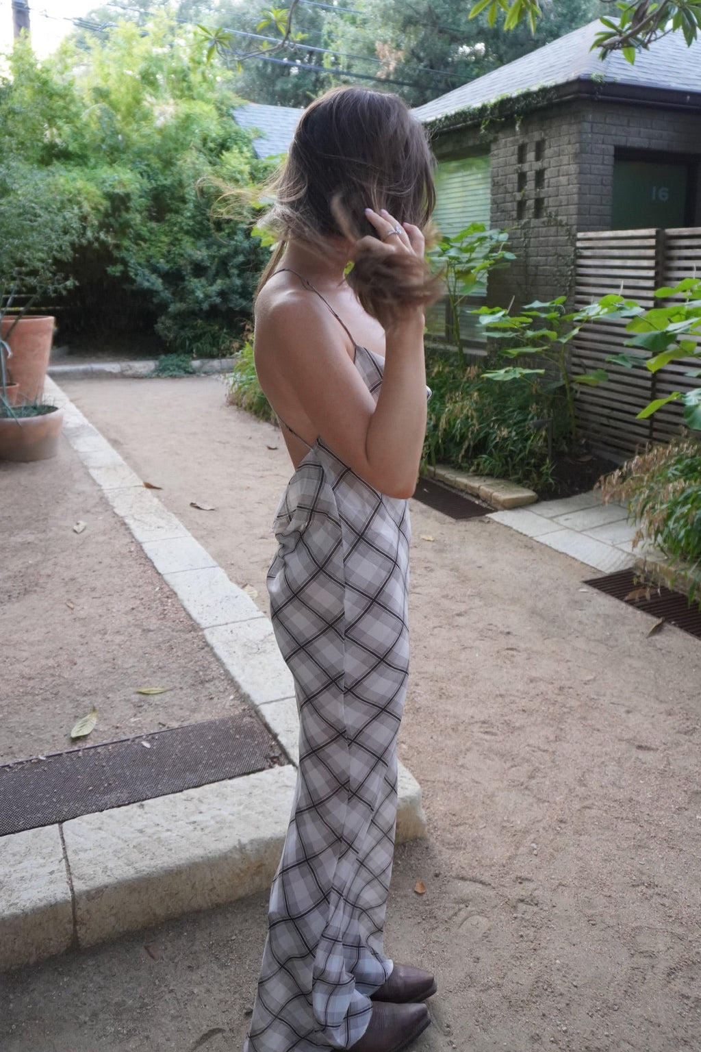 Brown Plaid Sheer Maxi Dress