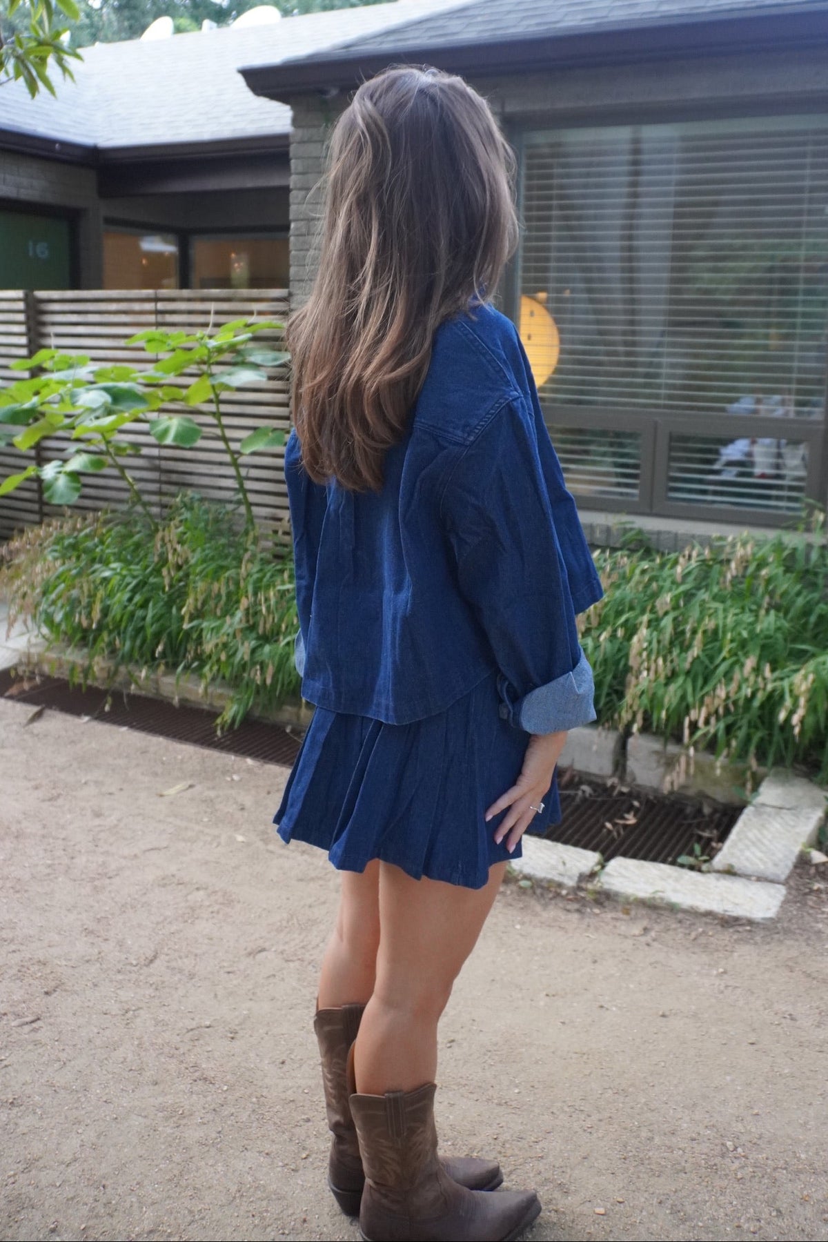 Dark Wash Denim Cropped Shirt & Skort Set