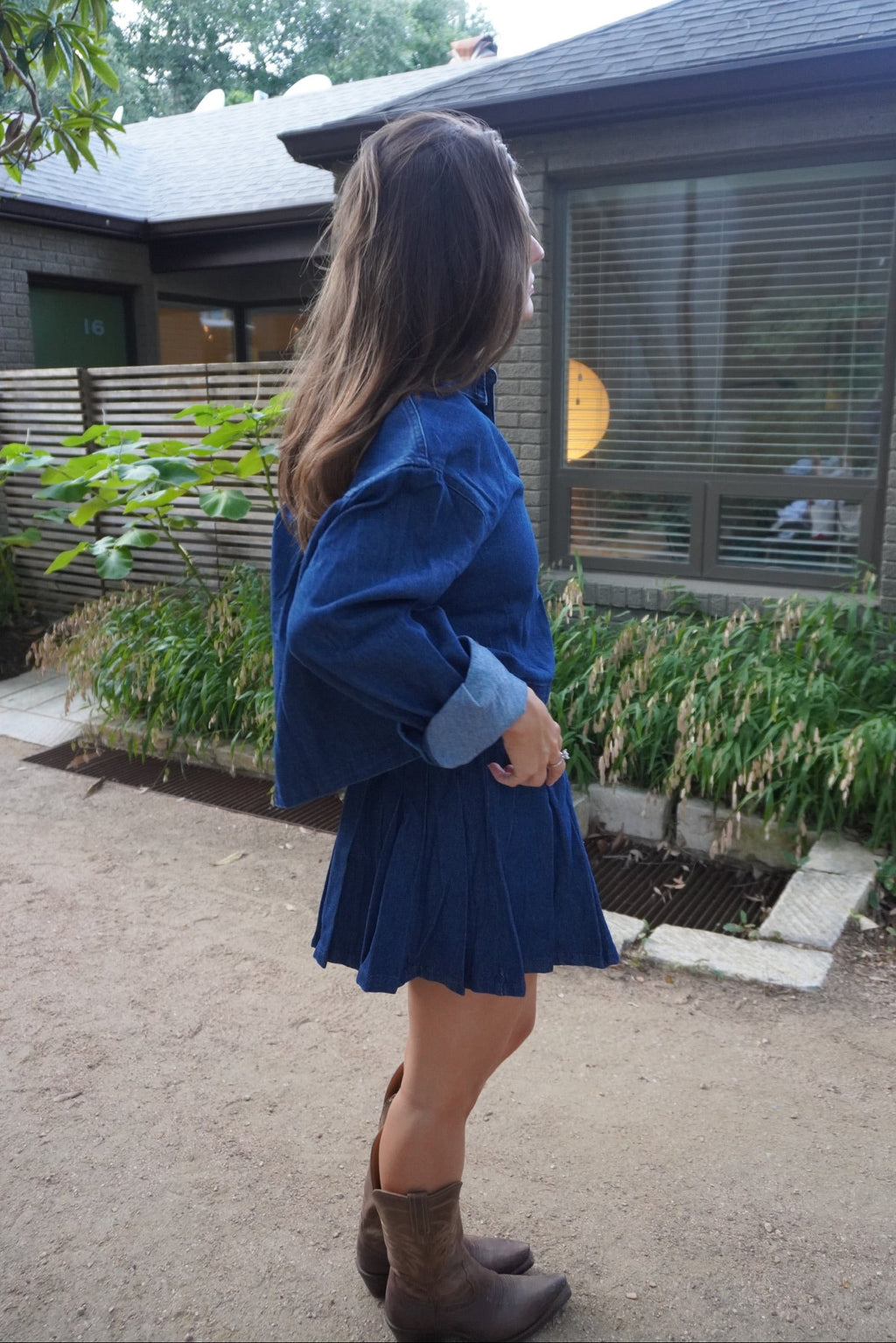 Dark Wash Denim Cropped Shirt & Skort Set