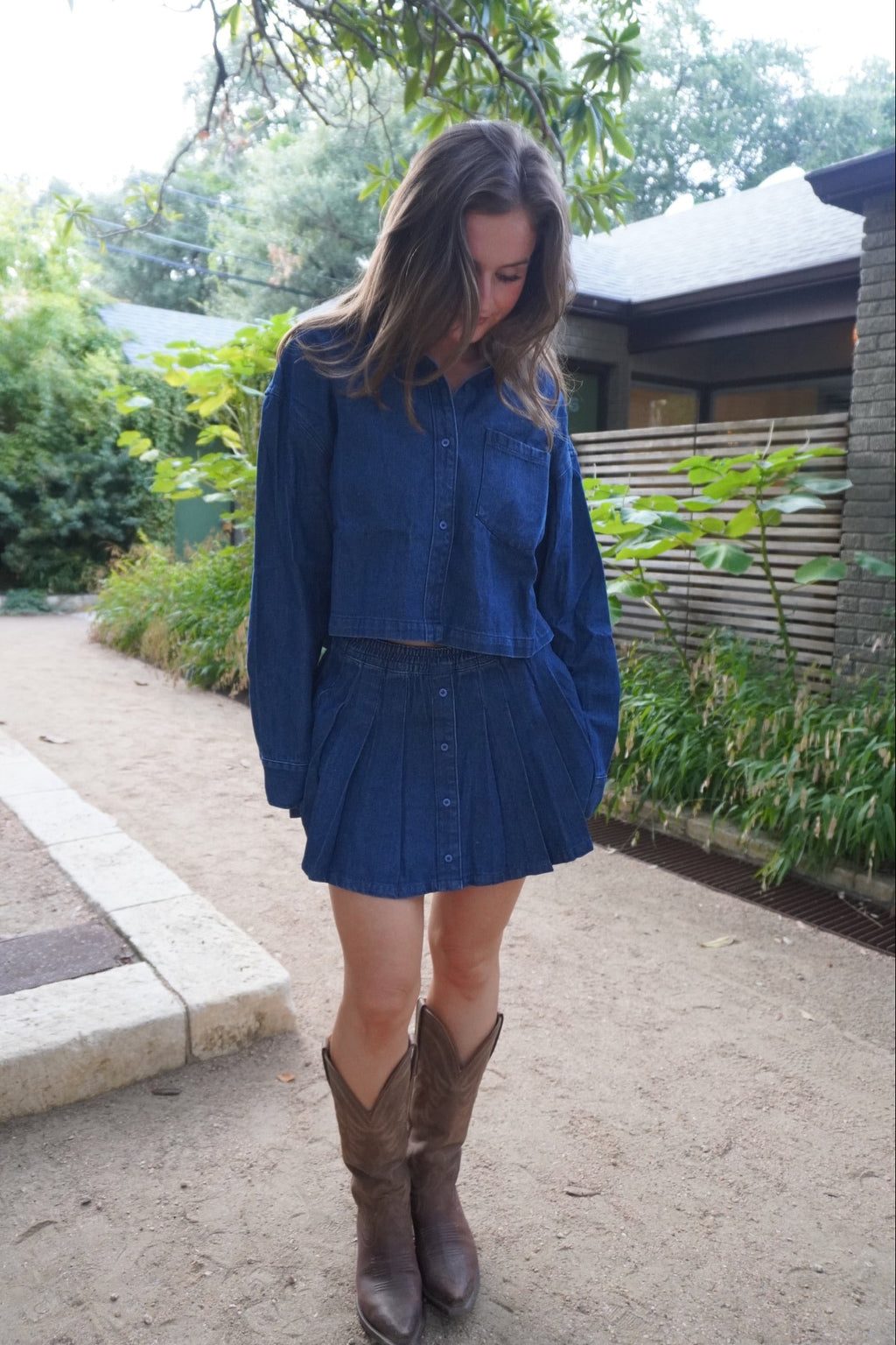 Dark Wash Denim Cropped Shirt & Skort Set