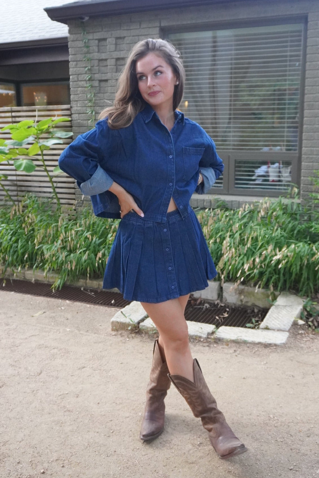 Dark Wash Denim Cropped Shirt & Skort Set