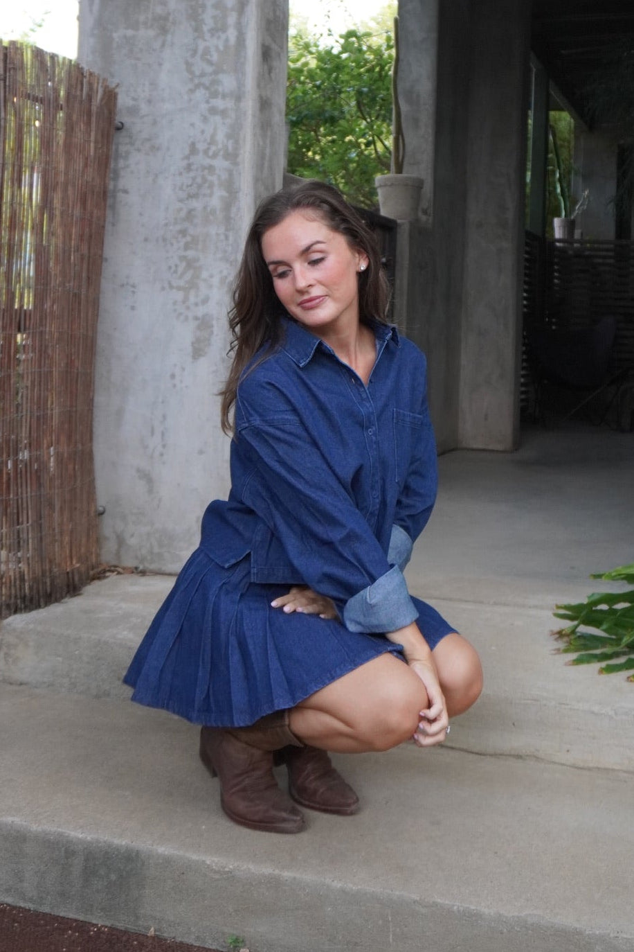 Dark Wash Denim Cropped Shirt & Skort Set